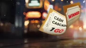 Лотерейный билет с надписью Cash Cascade и Winner от Motor Casino, подчеркнутый огнями большого города